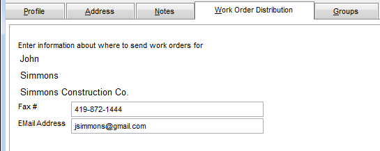 Fill in Email Address and Fax Number Work Order distribution tab
